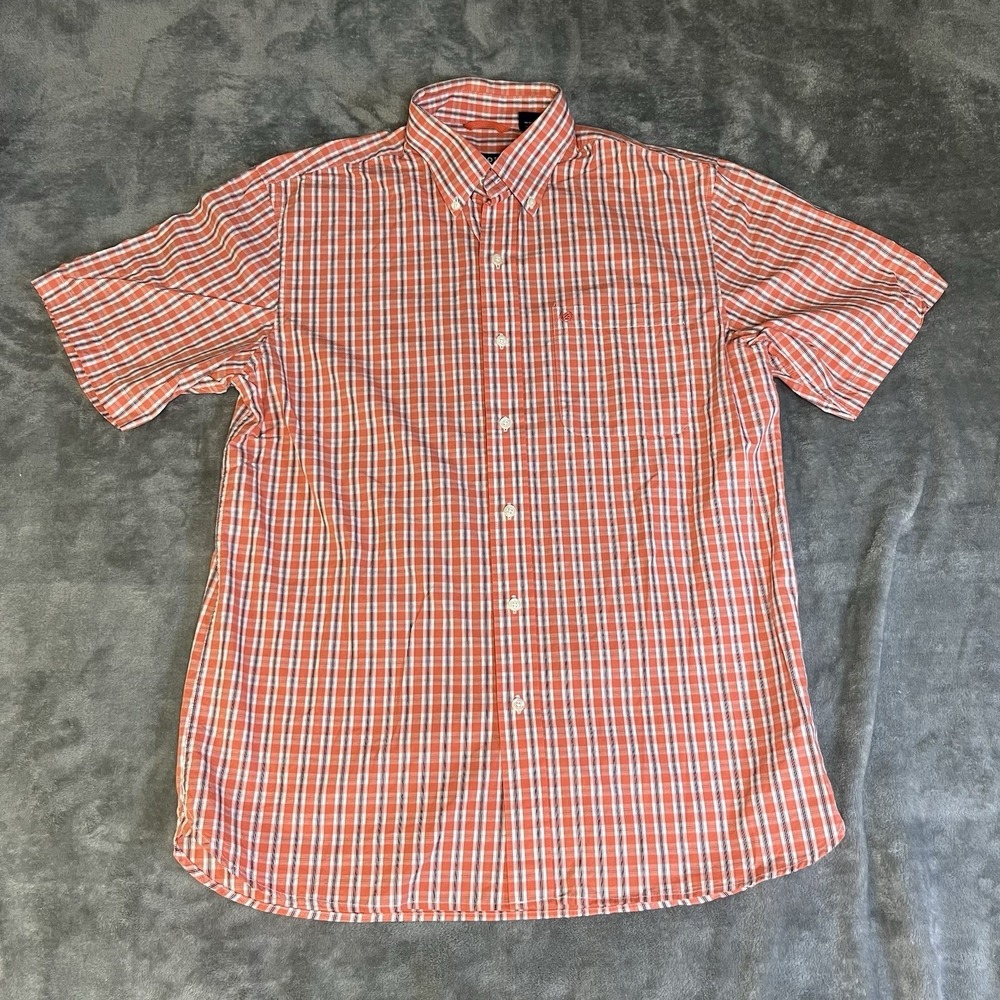 IZOD Button Down Shirt Mens Medium Orange Plaid Short Sleeve Casual Pocket